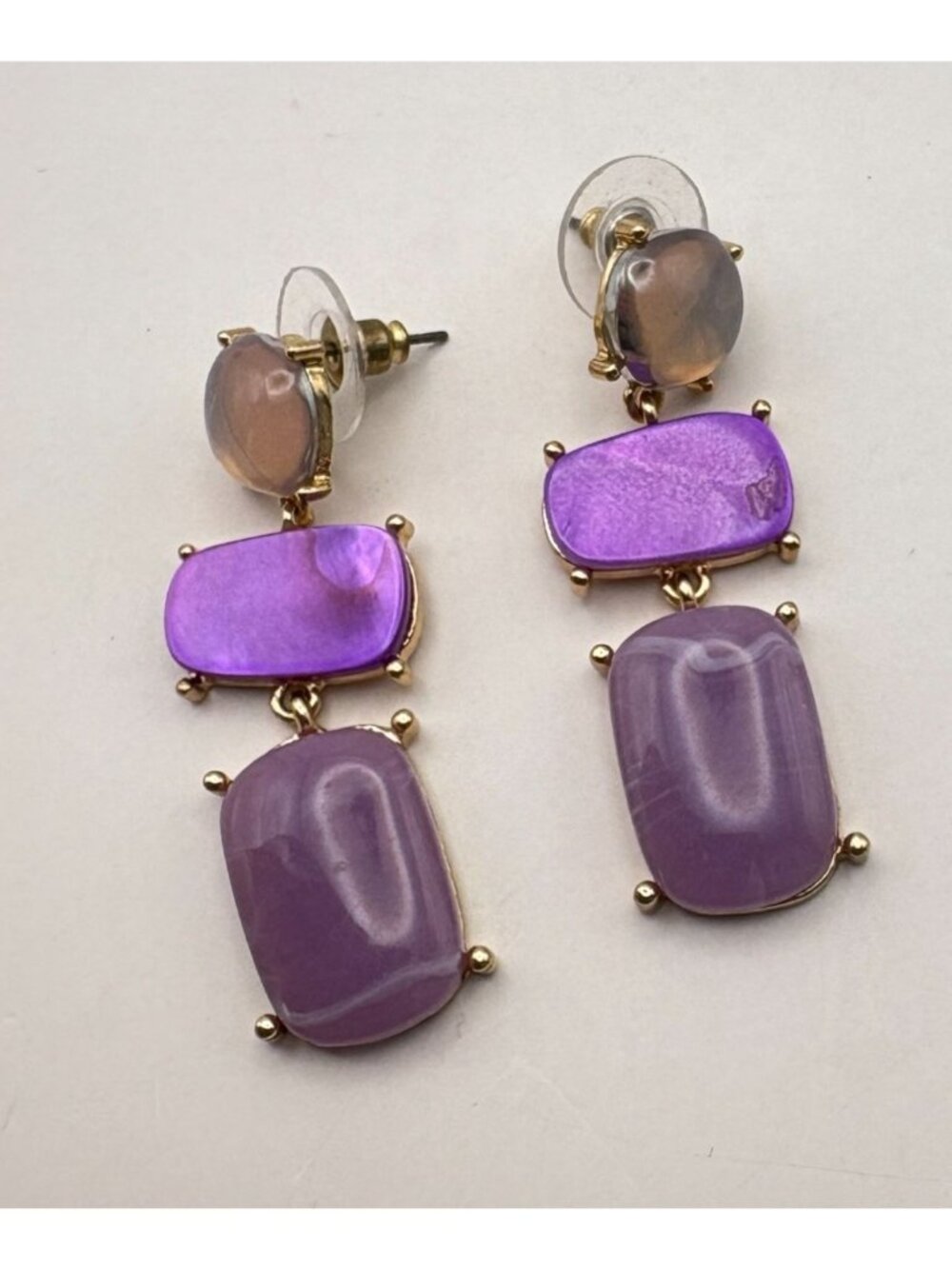 Purple Gold Tone Dangle Drop Earrings Geometric Three-Tier Faux Stones - Picture 4 of 6